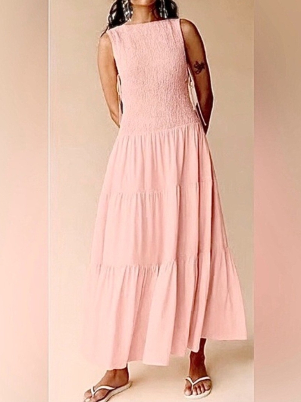 Free People free-est Sterling Smocked Side Tie Maxi Dress Pink Chalk NWT M Boho